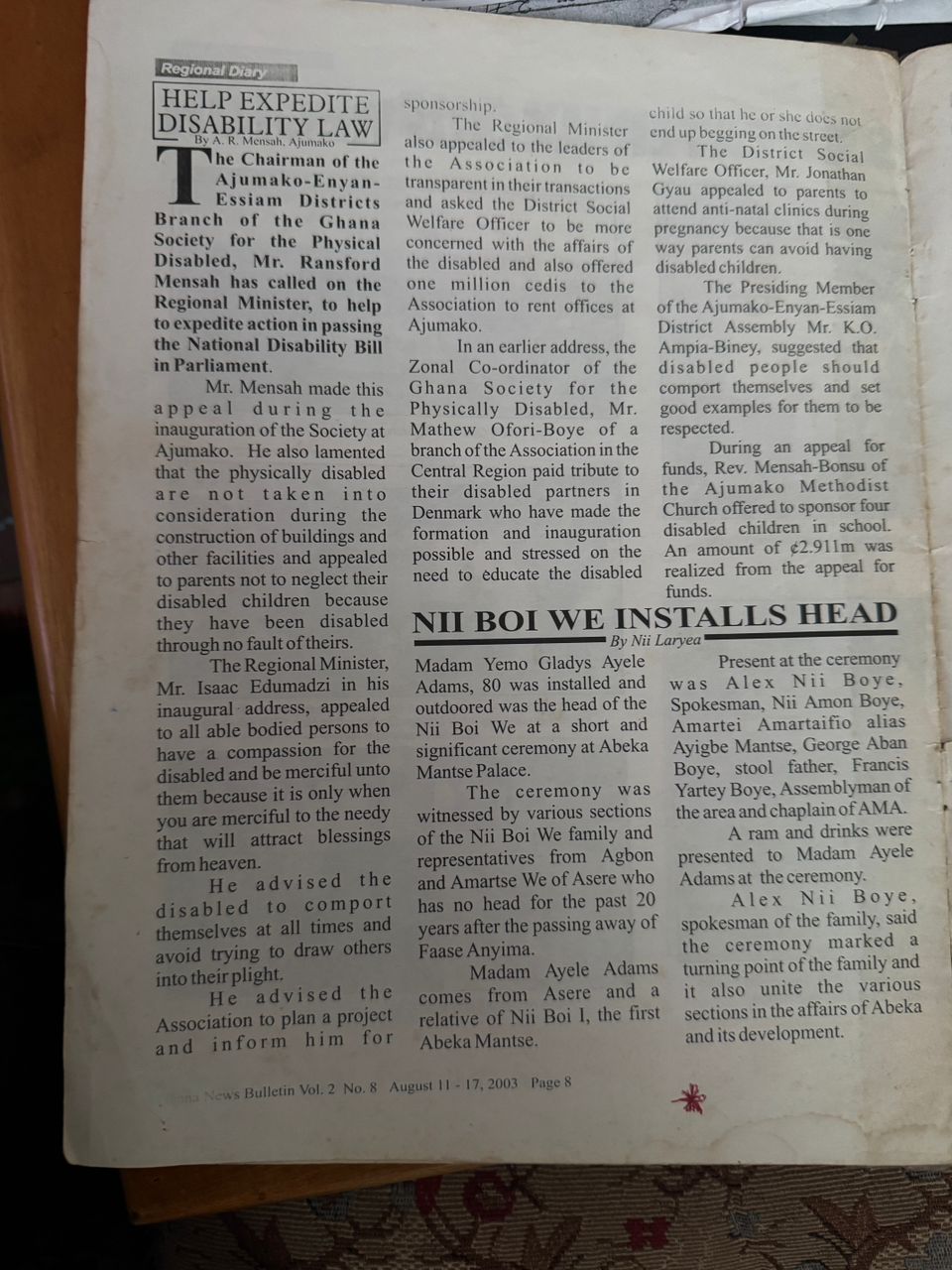 Accra News Bulletin — "Nii Boi We Installs Head" (August 2003)