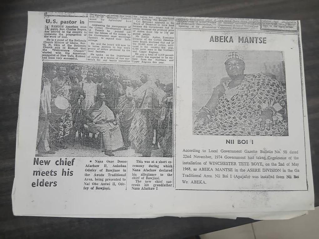 Newspaper: Nii Boi I Gazetted as Abeka Mantse (1974)
