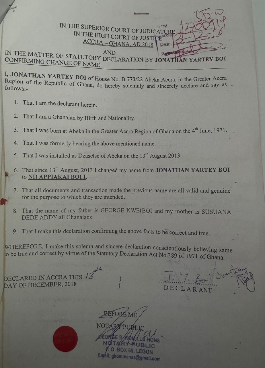 Nii Apiakai Boi I — Name Change Statutory Declaration