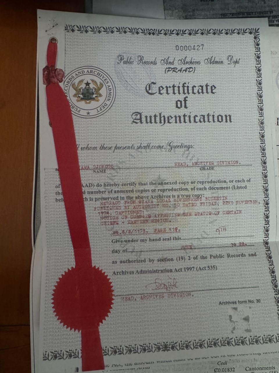 PRAAD Certificate of Authentication — 1974 Local Government Bulletin